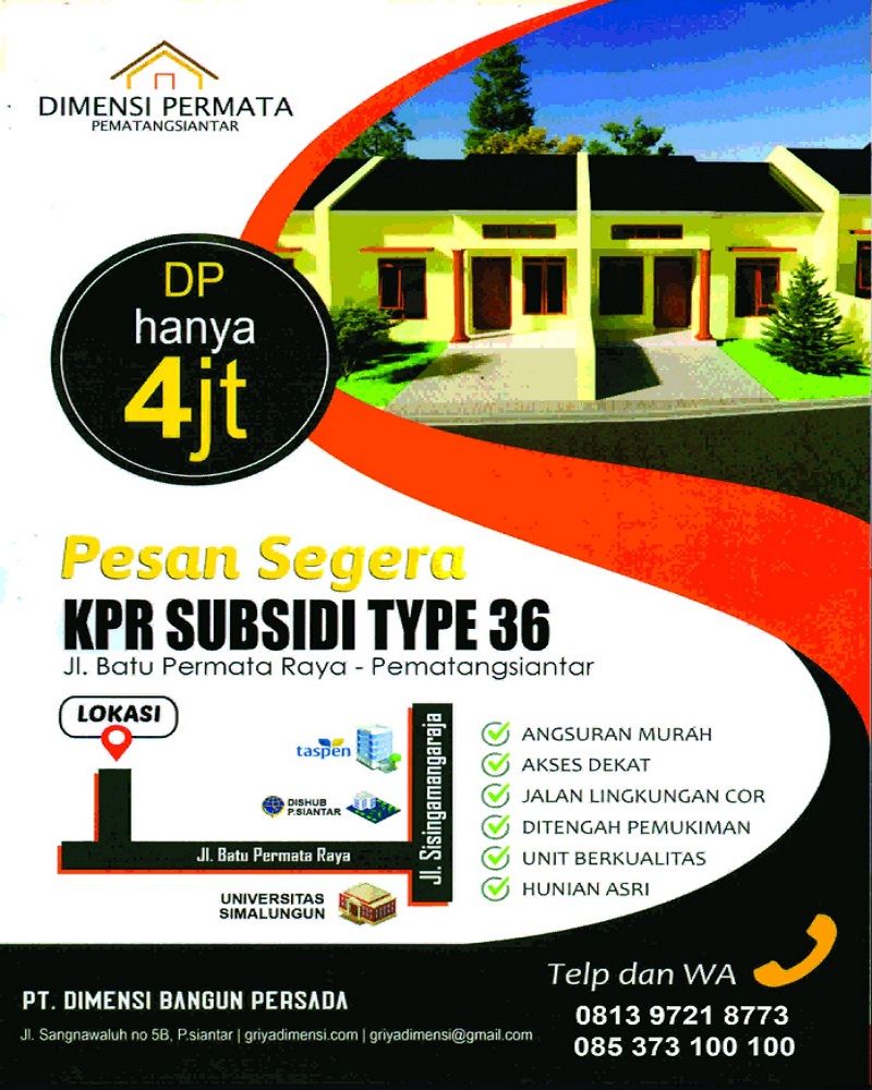 Jual Rumah Subsidi Type 36 di Kota Siantar Dekat Universitas Simalungun, RS Rasyida Siantar, Stasiun Siantar, Ramayana Siantar, Pasar Horas